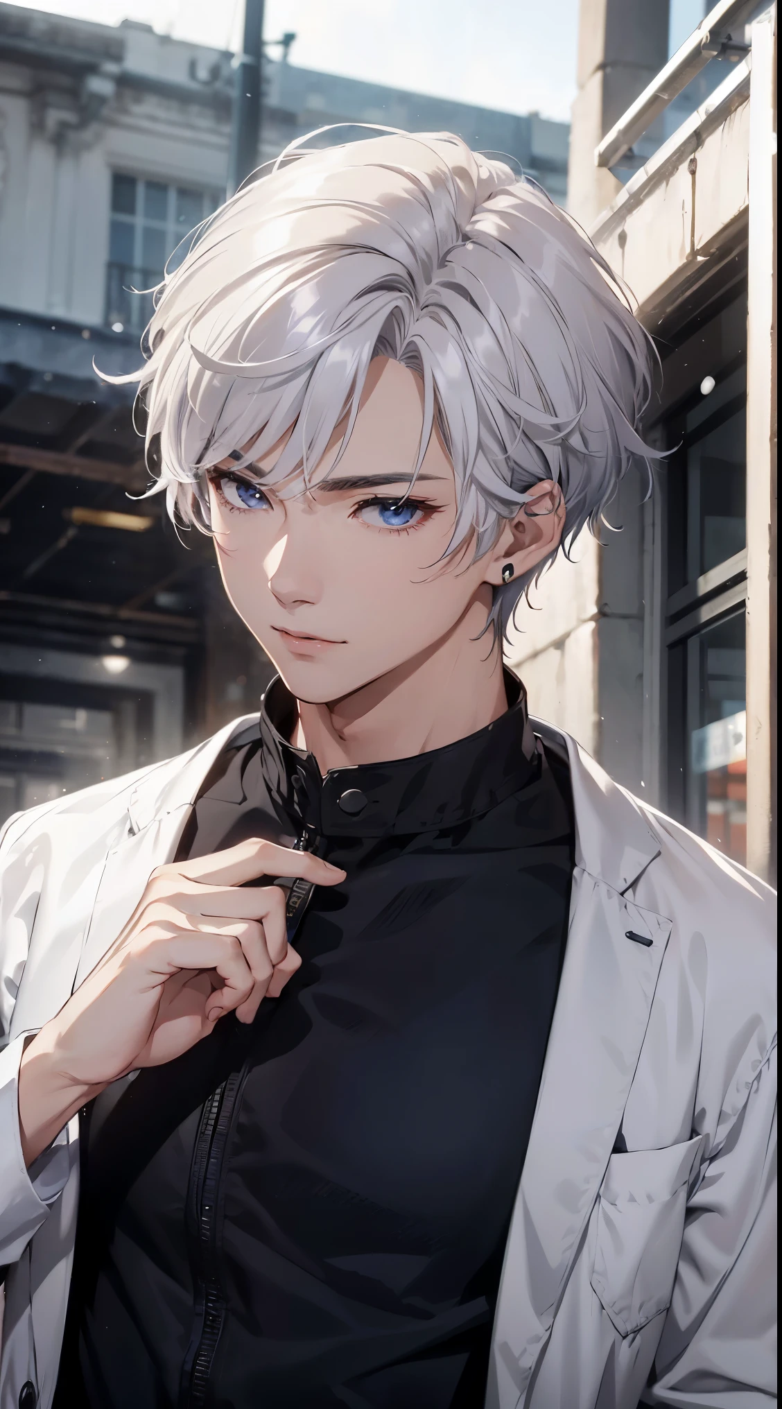 (absurderes、hight resolution、ultra-detailliert、nffsw)、masterpiece、top-quality、Male 、独奏、a handsome、shorth hair、white hair、finely eye and detailed face、Casual clothing、Real Shadows、Joy、Connecting ears、The upper part of the body、Blur the background、