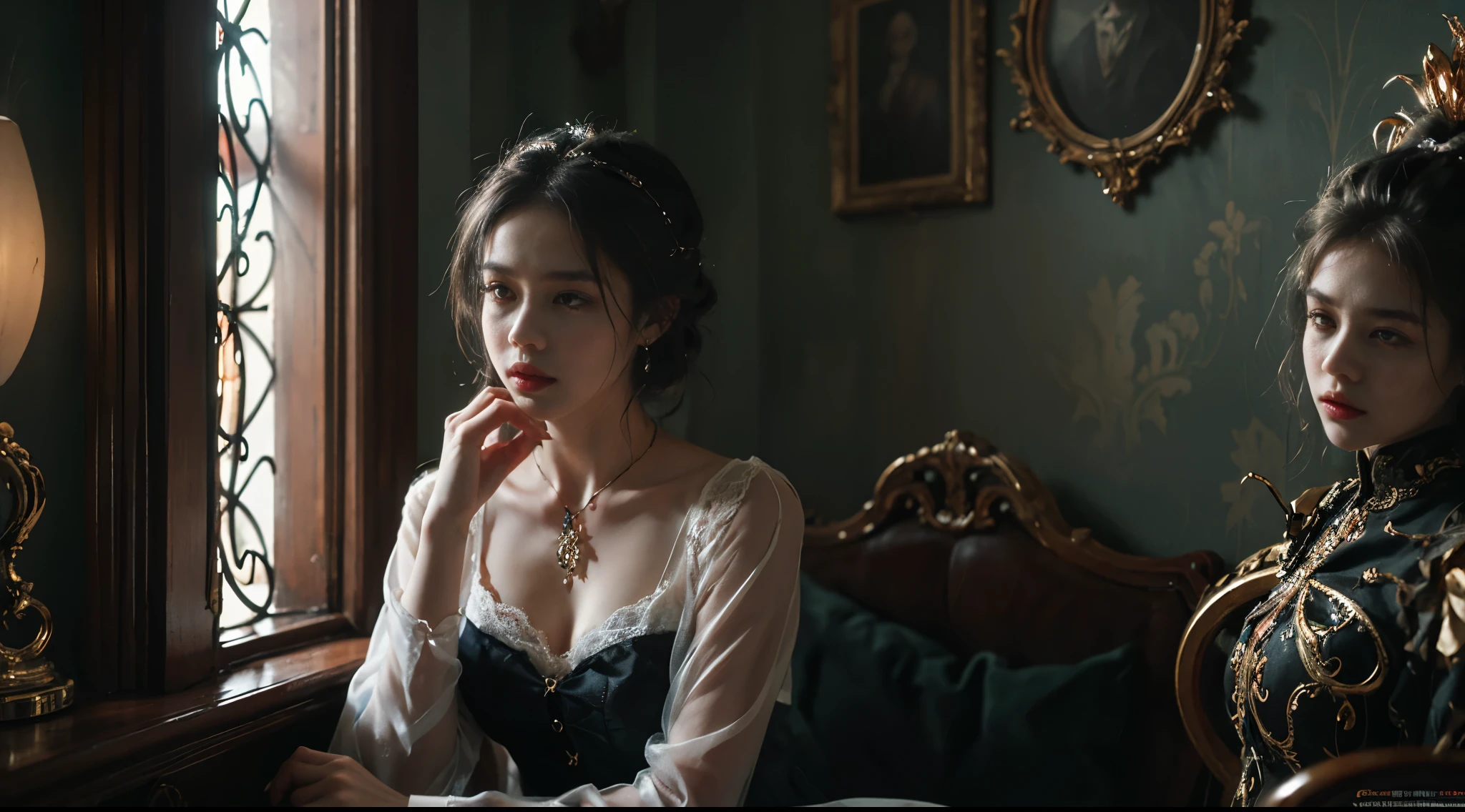 Official Art, Unity 8k wallpaper, ultra-detailed, beautiful, beautiful, masterpiece, best quality, dark, atmospheric, mystical, romantic, creepy, literature, art, fashion, victorian, decoration, intricate, ironwork, lace, contemplative, emotional depth, supernatural, 1 girl, solo, neck, bust composition
