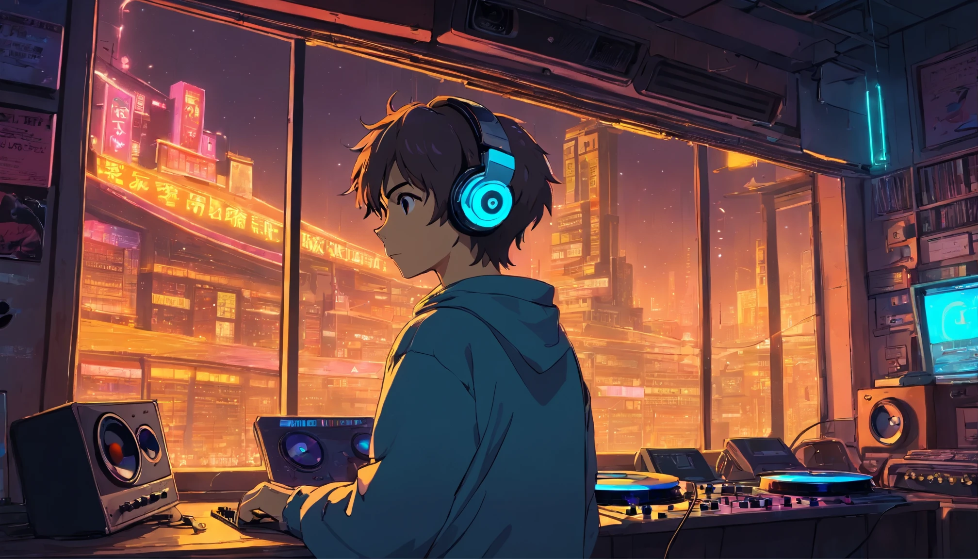 Photo of a man listening to music wearing headphones, Text why you, Super detail, Vintage wave, Cyberpunk, Sad atmosphere, Luminous light through the windows, nighttime scene, One bedroom, 2D, (shot from afar), Wide shot, (Noise from the film), Old cartoons, (Many records: 1.3), Vinyl record store, (Masterpiece, Very high quality, Very high quality, offcial art, Beautiful and aesthetic: 1.2), (Very detailed, (Fractal art: 1.4 ), guitar, (Notes: 1.4), (Lo-fi hip-hop), Side view, Old anime textures, Alone, speakers, Cyberpunk, Vinyl, Night
