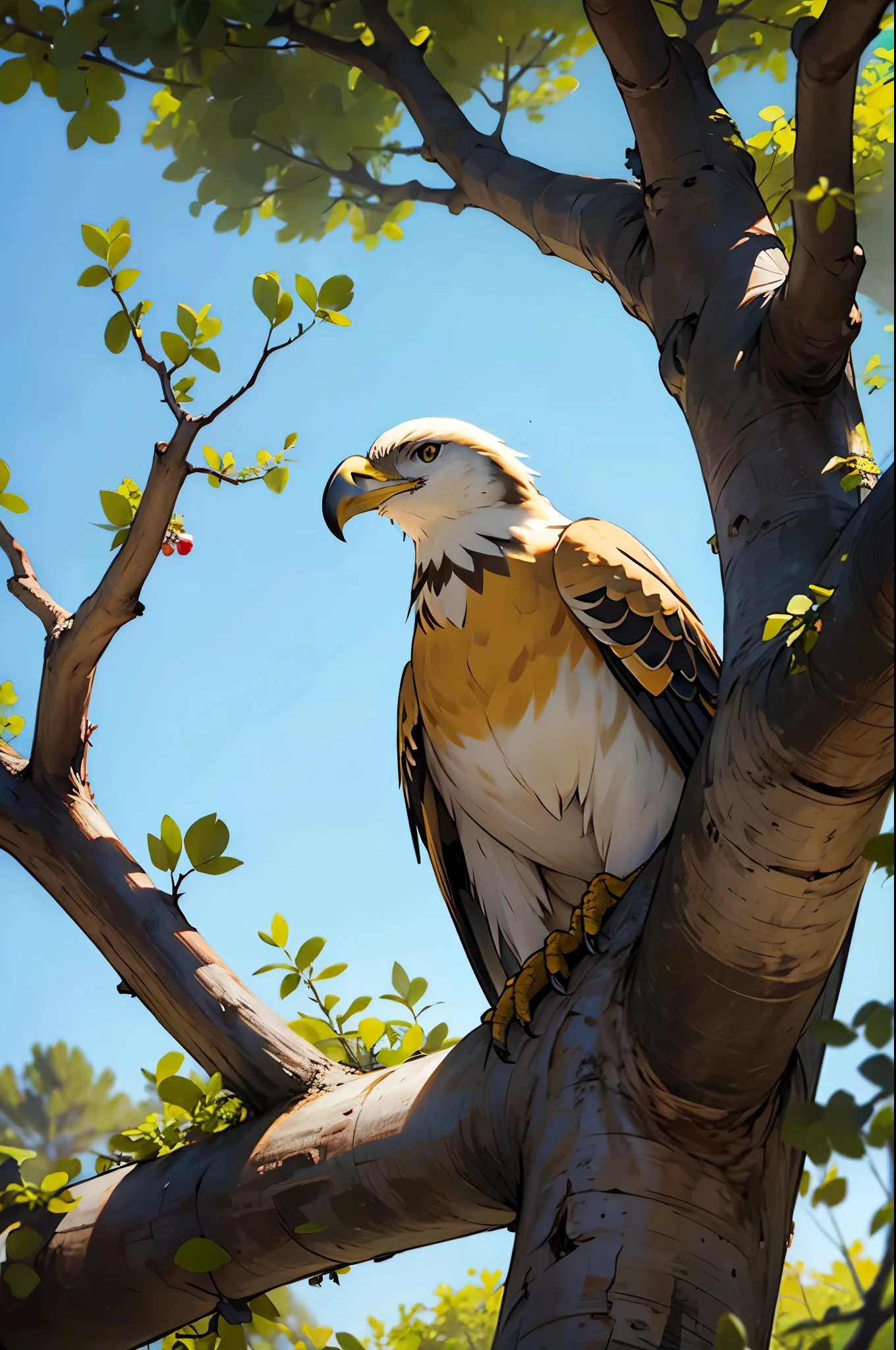 es medio dia y una solo aguila se posa en la rama de un arbol y mira hacia abajo