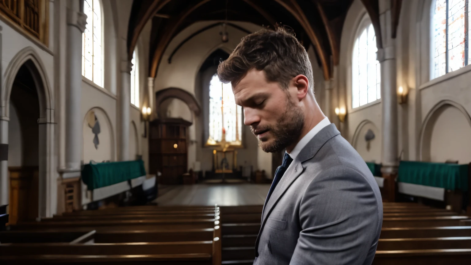 Jamie dornan as a pastor praying with his eyes closed in church, cinematic image, wearing a gray suit, short hair, short beard, background image of a Christian church inside, pastor praying, best quality, 8k, focus on the details of the face, professional image, movie cover style.