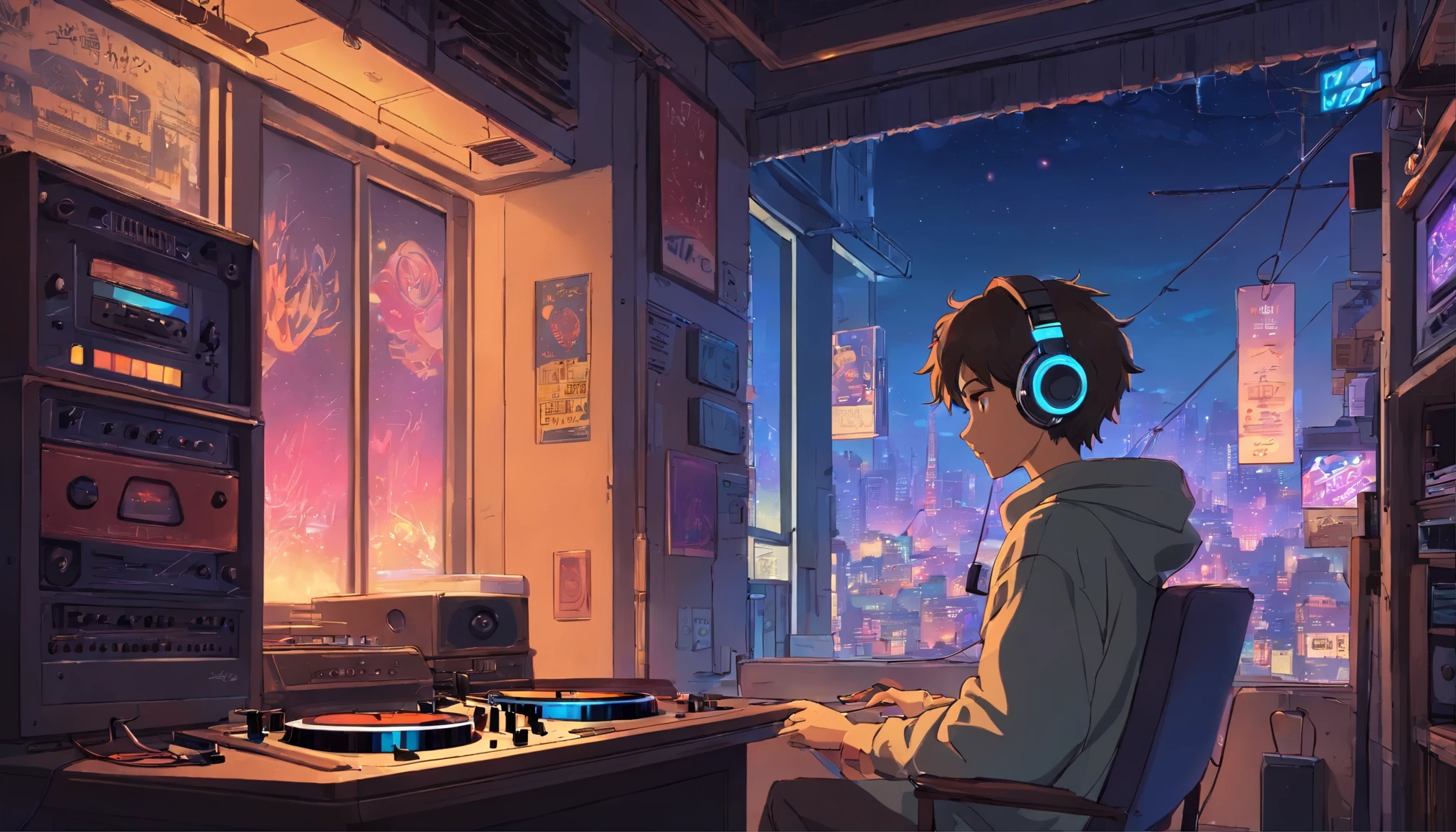 Photo of a man listening to music wearing headphones, Text why you, Super detail, Vintage wave, Cyberpunk, Sad atmosphere, Luminous light through the windows, nighttime scene, One bedroom, 2D, (shot from afar), Wide shot, (Noise from the film), Old cartoons, (Many records: 1.3), Vinyl record store, (Masterpiece, Very high quality, Very high quality, offcial art, Beautiful and aesthetic: 1.2), (Very detailed, (Fractal art: 1.4 ), guitar, (Notes: 1.4), (Lo-fi hip-hop), Side view, Old anime textures, Alone, speakers, Cyberpunk, Vinyl, Night