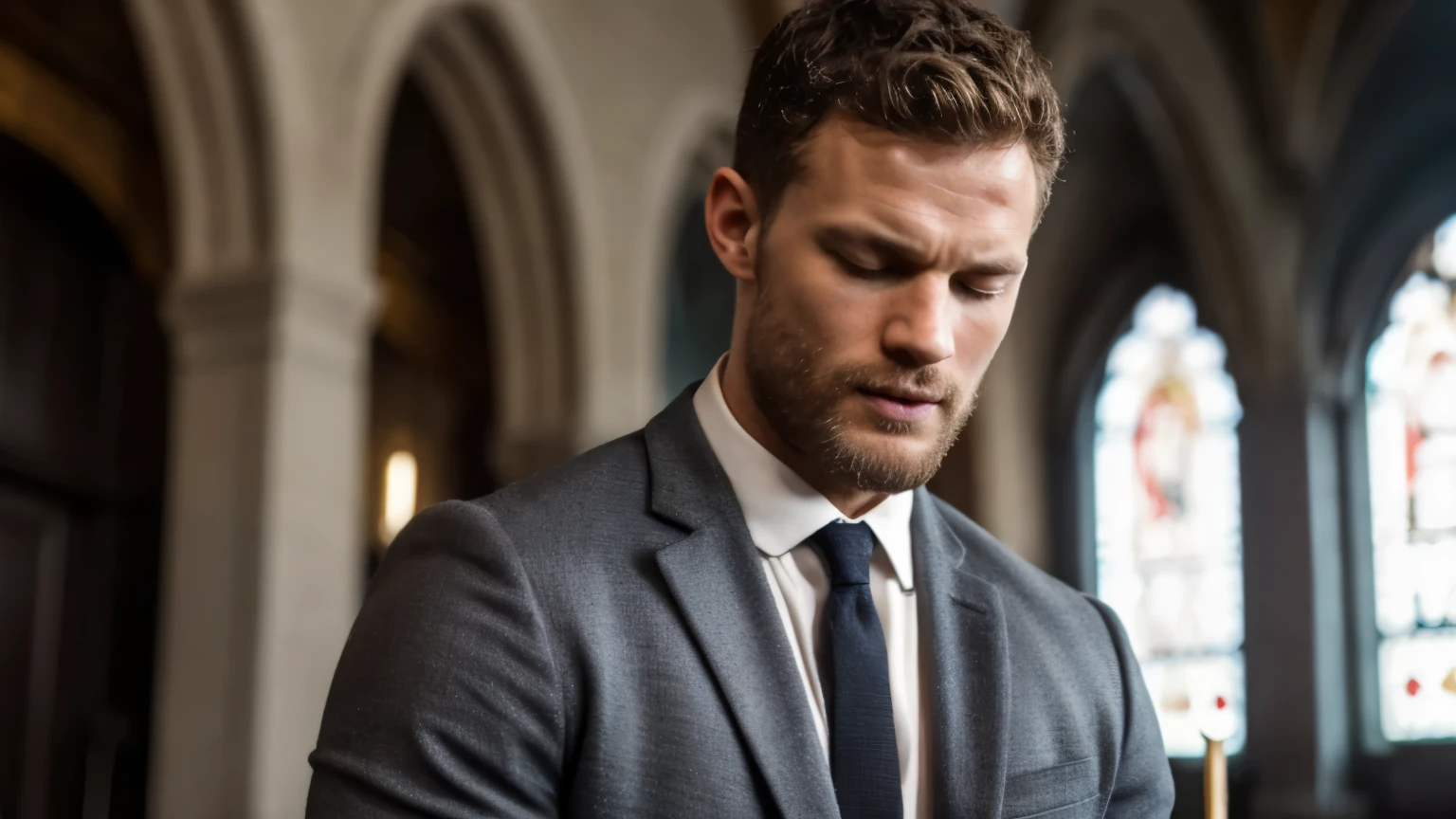 Jamie dornan as a pastor praying with his eyes closed in church, cinematic image, wearing a gray suit, short hair, short beard, background image of a Christian church inside, pastor praying, best quality, 8k, focus on the details of the face, professional image, movie cover style.