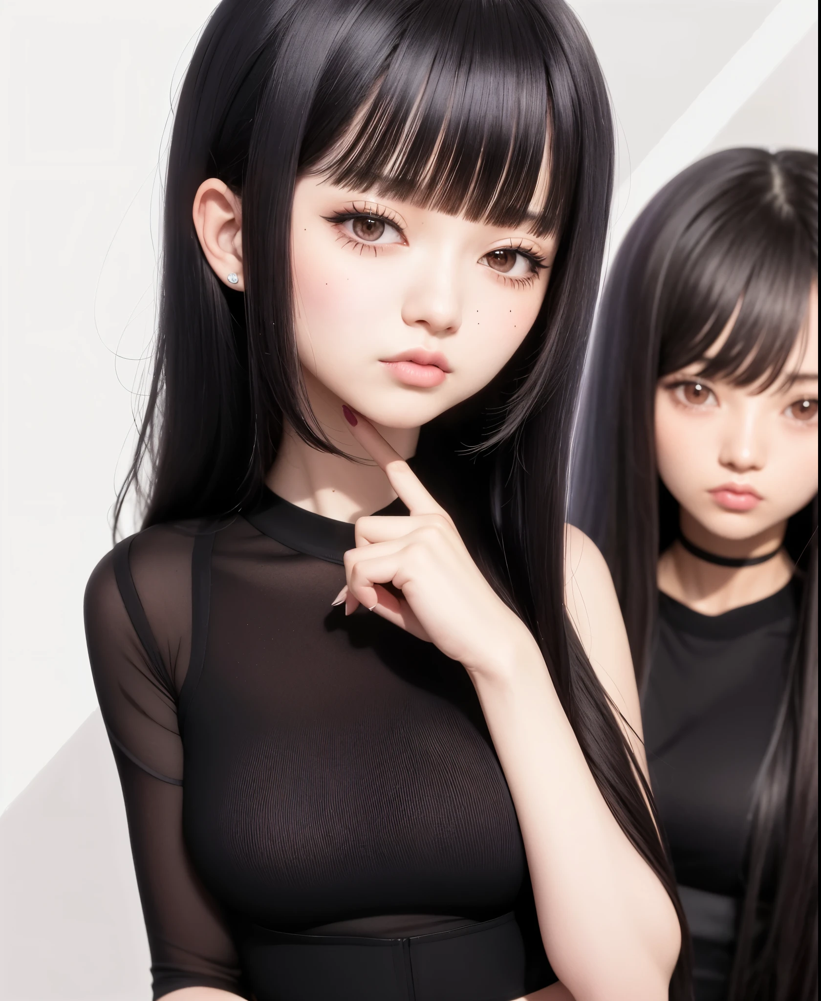 mulher argada com longos cabelos pretos e olhos azuis posando para uma foto, Lalisa Manobal, com franja, she has black hair com franja, long hair com franja, long hair com franja completa, franja reta, com franja completa, long franja reta, neat hair com franja, cabelo castanho e franja, Lalisa Manoban do Blackpink