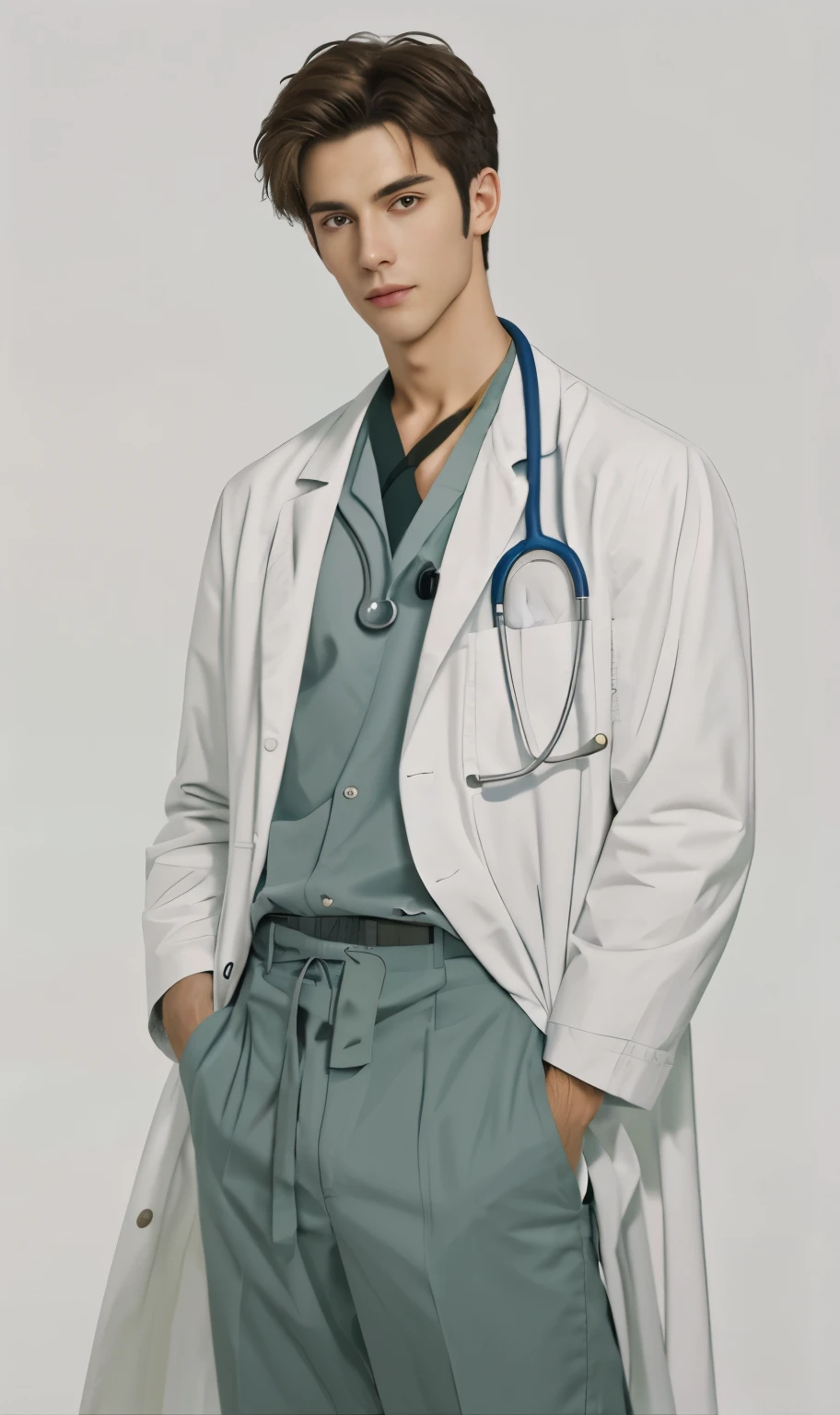 a close up of a person wearing a white coat and a stethoscope, doctor, (doctor), skinny male, realistic, ultra detail