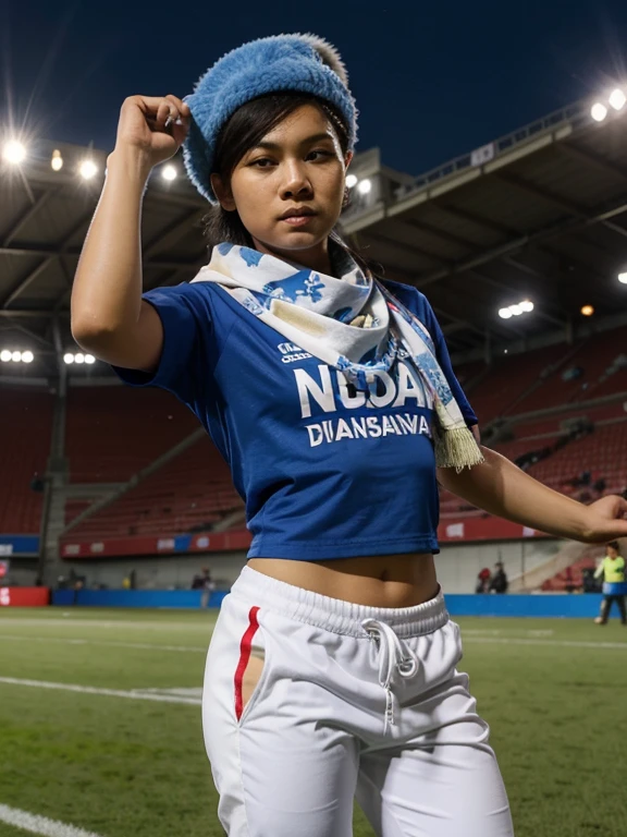 realistic portrait of an Indonesian man wearing a blue hat wearing white jogger pants and a blue t-shirt similar to a football jersey with a picture of a lion below it with the words "SINGO EDAN" on the front of the jersey, the man is holding up a scarf that says "AREMANIA", he is standing wearing sporty shoes in the stadium stands with bright lights, the background shows a football match between Indonesia
national team and
national team, supporters
Australia
both teams are visible
each country's flag
waved