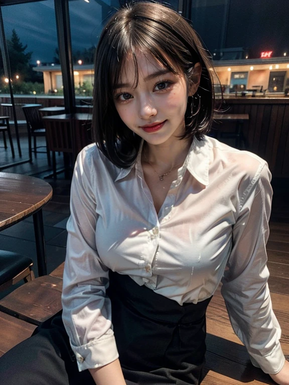 (8K, highest quality, masterpiece:1.2), (realistic, photo-realistic:1.37), super detailed, 1 girl,cute, alone,beautiful and detailed sky,Detailed cafe,night,sitting,date,(blush your nose),(smile:1.15),(closed mouth) small breasts,beautiful and fine eyes,(collared shirt:1.1), night, Wet,business suit, rain,white lace, (short hair:1.2),Floating hair NovaFrogStyle,