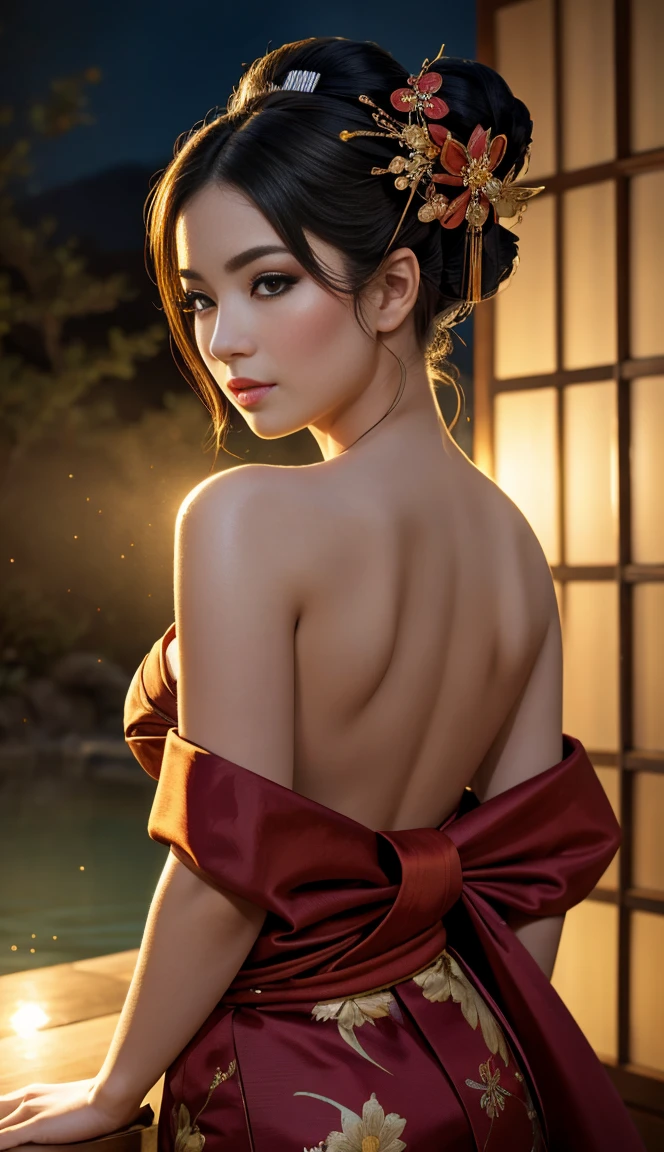 (highres,realistic)A detailed portrait of a girl cosplaying as Mai Shiranui. The girl has (beautiful detailed eyes,beautiful detailed lips,extremely detailed eyes and face,longeyelashes)with a fierce and confident expression. She is wearing a (vibrant,traditional)costume that consists of a (red,black,silk)kimono with a plunging neckline and an obi tied in a decorative bow at the back. The kimono is adorned with intricate (gold,floral)embroidery and delicate lace that adds a touch of elegance. The girl's hair is (jet black,long,straight)and styled in two high ponytails, with (delicate,ornamental)hair accessories. She is also wearing a pair of (golden,bangle)bracelets on her wrists, adding to the authenticity of the cosplay. The background is (dramatic,Japanese-inspired)with cherry blossom trees in full bloom, casting a soft pink hue. The lighting is (subtle, warm)and highlights the girl's figure, creating a sense of depth and dimension. This artwork exudes (beauty,elegance,fierce energy)and captures the essence of Mai Shiranui's character in a (realistic,photorealistic)style.