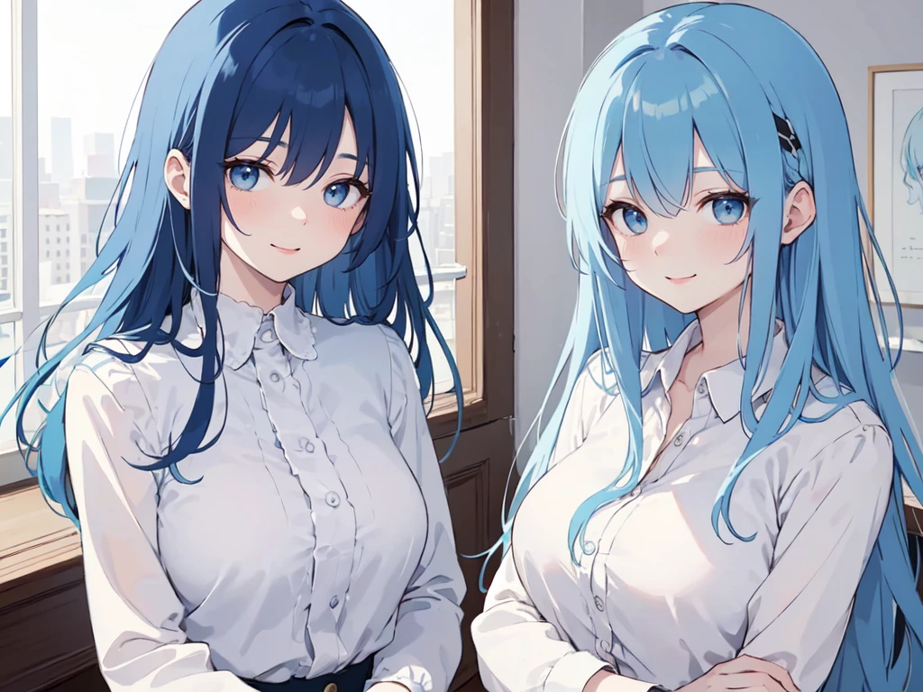 (masterpiece), (best quality), (ultra detailed),(dishevelled hair),(illustration), ((twins sisters, blue hair)(2woman)), long hair, standing, Fashion model ( modern clothes), looking at viewer, (interview), (casual school background),beautiful blue eyes, delicate beautiful face, ,(high saturation),(colorful splashes),(shining), blue hair (shining), bangs, best lighting, best shadow. smiling. big breast. kissing (sister love) manga vignettes