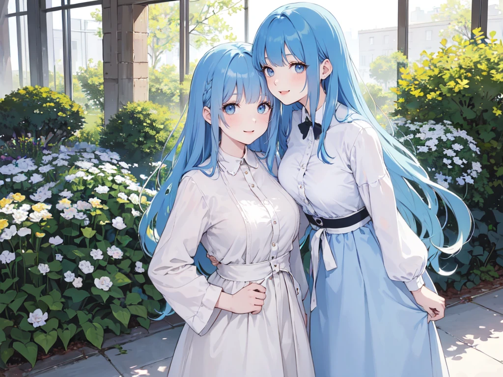 (masterpiece), (best quality), (ultra detailed),(dishevelled hair),(illustration), ((twins sisters, blue hair)(2woman)), long hair, standing, Fashion model ( modern clothes), looking at viewer, (interview), (casual school background),beautiful blue eyes, delicate beautiful face, ,(high saturation),(colorful splashes),(shining), blue hair (shining), bangs, best lighting, best shadow. smiling. big breast. kissing (sister love) manga vignettes
