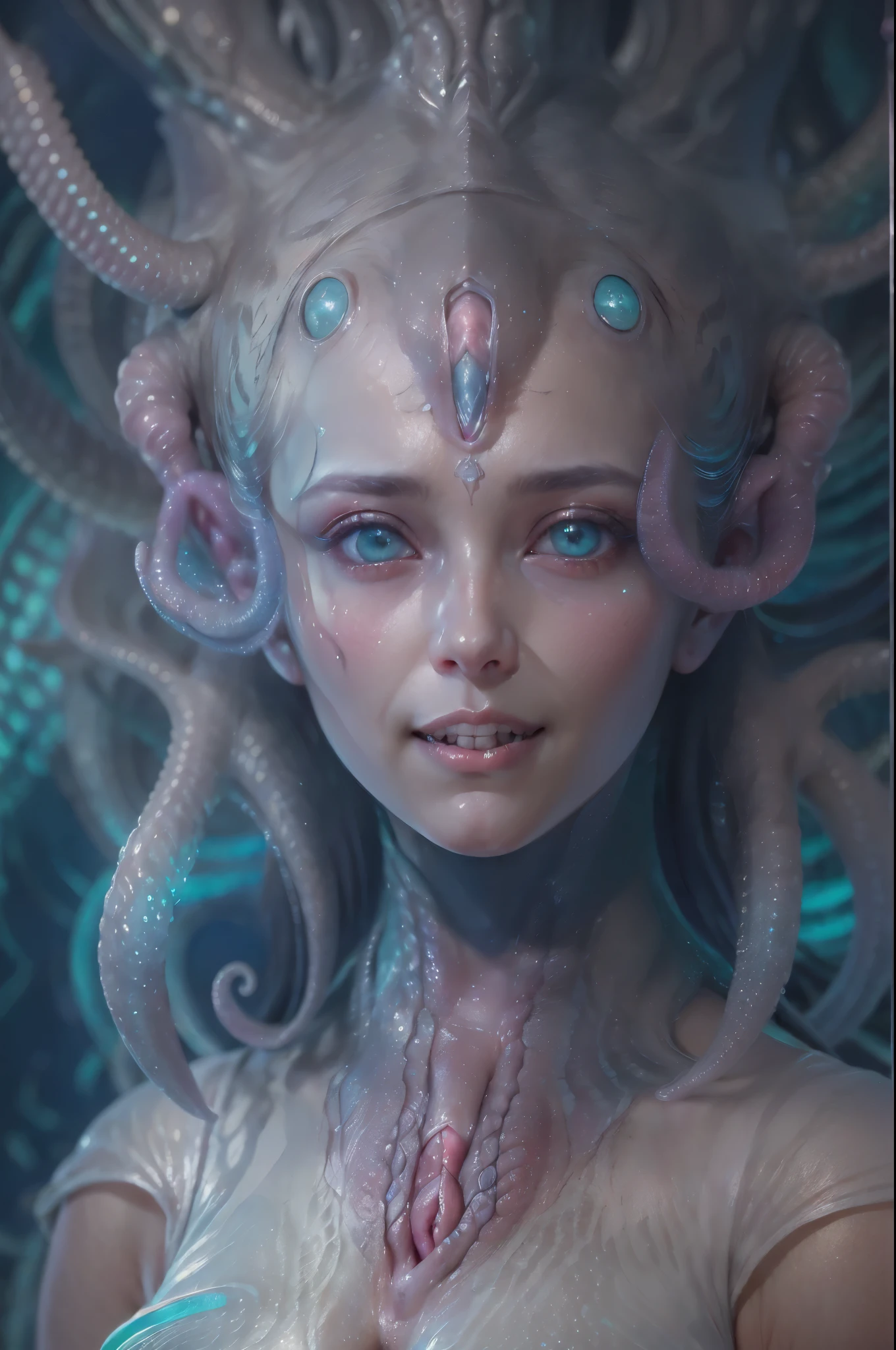 (A portrait of one beautiful and obscene female alien who is a young teenager:1.4), ((There is a female genital-like organ in the middle of her forehead:1.8)), (realistic face:1.2), (Numerous award-winning masterpieces, with incredible detail, textures and maximum detail), artistic photography, midnight aura, unreal engine 5, Ultra Sharp Focus, art by Amano Yoshitaka, ArtGerm, Roisch, intricate artwork, ultra realistic realism, high resolution, High freshness, drawing faithfully, official art, Unity 8K Wall paper, ultra detailed artistic photography, dream-like, Creation of fantasy, dream Snail, (biopunk nautilus:1.3),Thrilling color schemes, seductively smiling, Amazing mutation, well-proportioned body, goddess of the deep sea, fractal, Geometric pattern, impossible figures, (translucent white tentacles with luminescent organs:1.4), subtle emerald green accents, (smiling seductively:1.3),(She has the most beautiful face in the history of the universe:1.5), Penelope Cruz, (she is looking down at viewers with glowing iridescent eyes with no pupils:1.3), an evil gaze that seduces, cinematic lighting, (Vampire-like long canine teeth can be glimpsed through the gap between the cute lips:1.3), in the hall of the palace, Sweet breath is exhaling from beautiful lips, ecstatic expression, (Climax expression during intercourse:1.5)