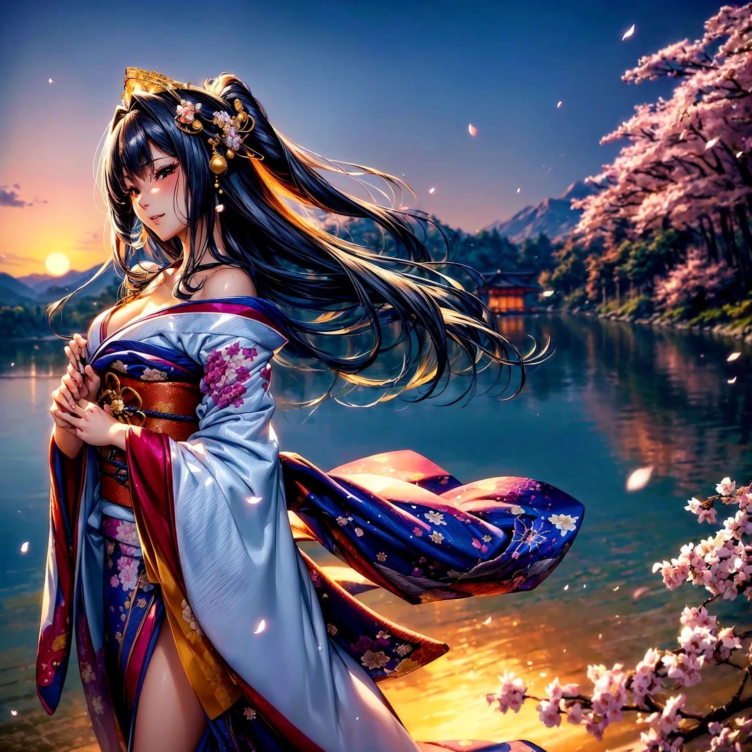 (((highest quality、masterpiece、8K quality,very high resolution)))、((A woman of perfect and ultimate beauty:24-years-old:Yamato Nadeshiko))、(beautiful face:smile、beautiful hair:Japanese hair decoration、beautiful body:Slender and beautiful breasts)、(best skin and hair texture)、(Beautiful Japan kimono:Japanese patterns and colors:Kimono sleeves and obi are long,Exposed shoulders from kimono,I can see the cleavage,I can see my thighs,whole body,Hair flutters under the influence of the wind,The sleeves and obi of the kimono flap in the wind.),(Mysterious waterfront:Beautiful cherry blossoms and waterfalls,Fantastic night sky and beautiful full moon,beautiful scenery,beautiful scenery,Beautiful colors)、(bijinga,realistic portrait)、(beautiful pose,various camera angles、model shoot),Overall image、accurate anatomy:1.2、accurate image:1.2、highly detailed images、perfect image、Image without defects、natural soft light、beautiful images、(best shot:1.2,RAW photo:1.2)