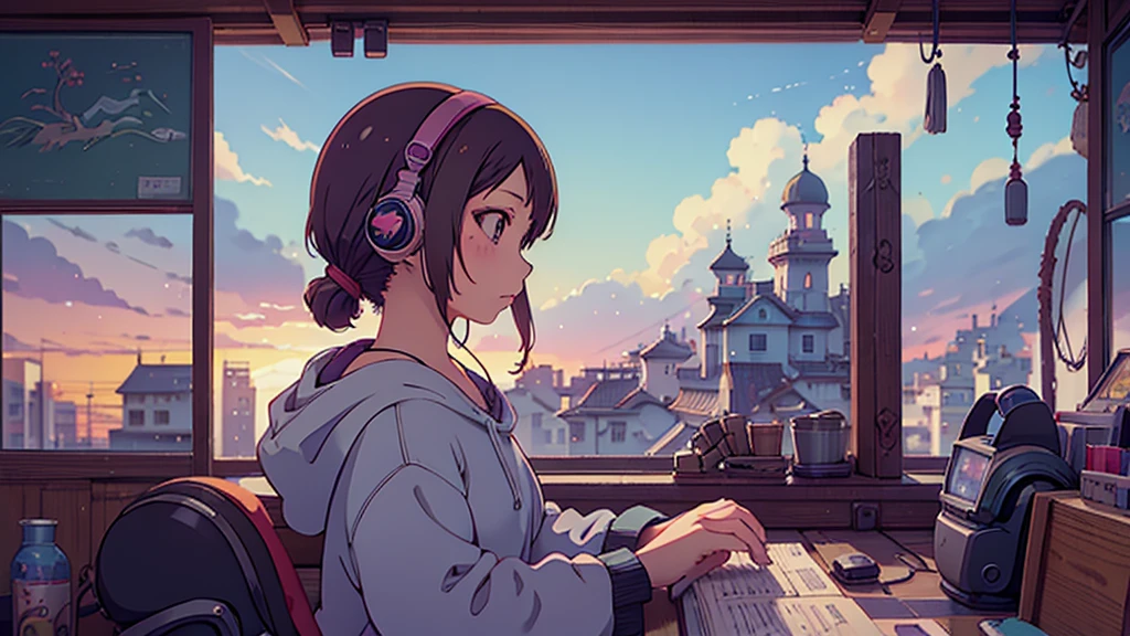 Sense of openness，anime background art，anime scenery，anime background，beautiful anime，Girl in profile，Lo-fi，study，headphone，Cat