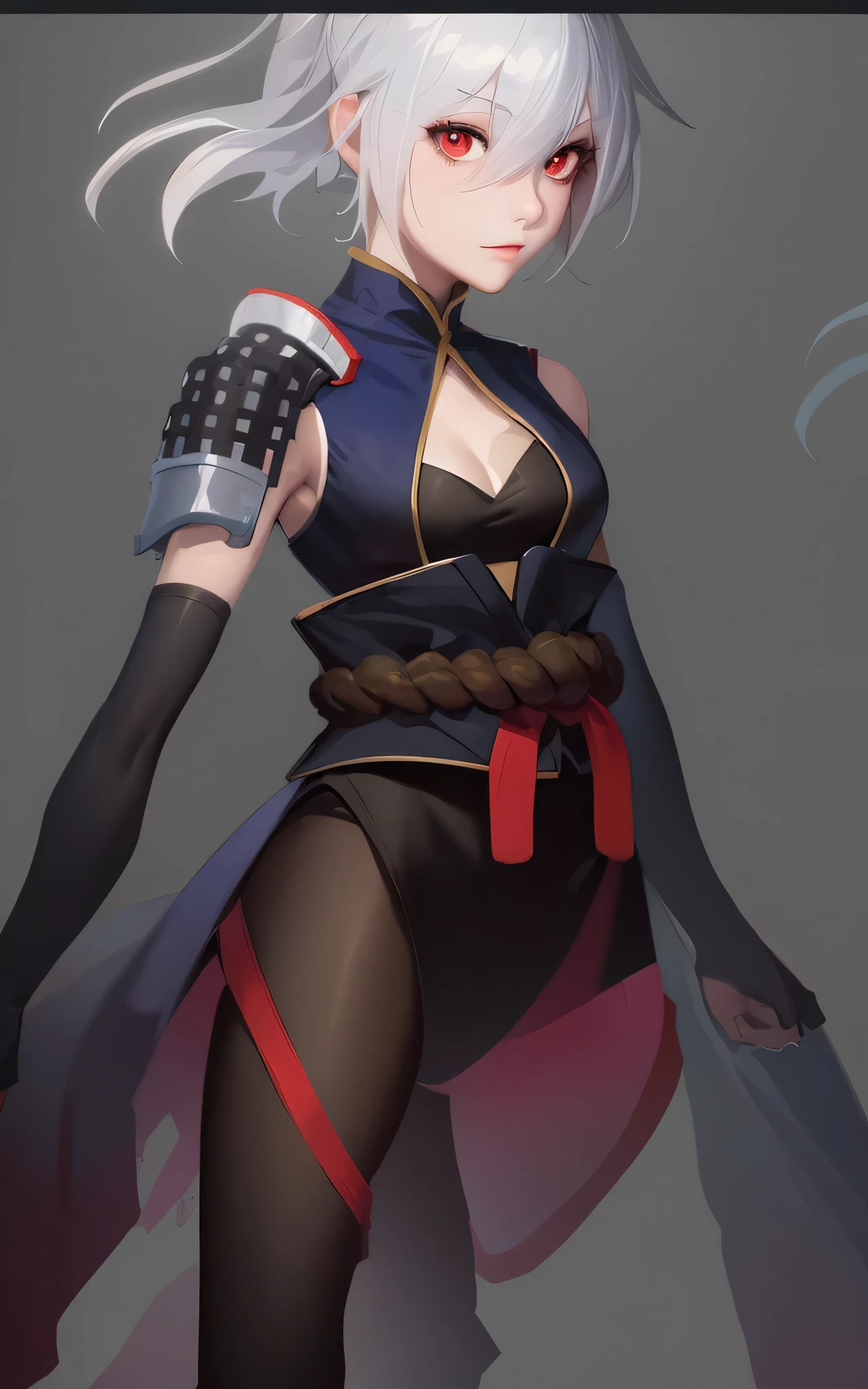 anime girl with white hair and red eyes in black outfit, wip, detailed full body concept, full body concept, flat anime style shading, cushart kenz, concept artstyle, inspired by rossdraws, character art closeup, wlop rossdraws, painted in anime painter studio, made with anime painter studio, digital painting concept art, anime style character, rope belt, japanese belt