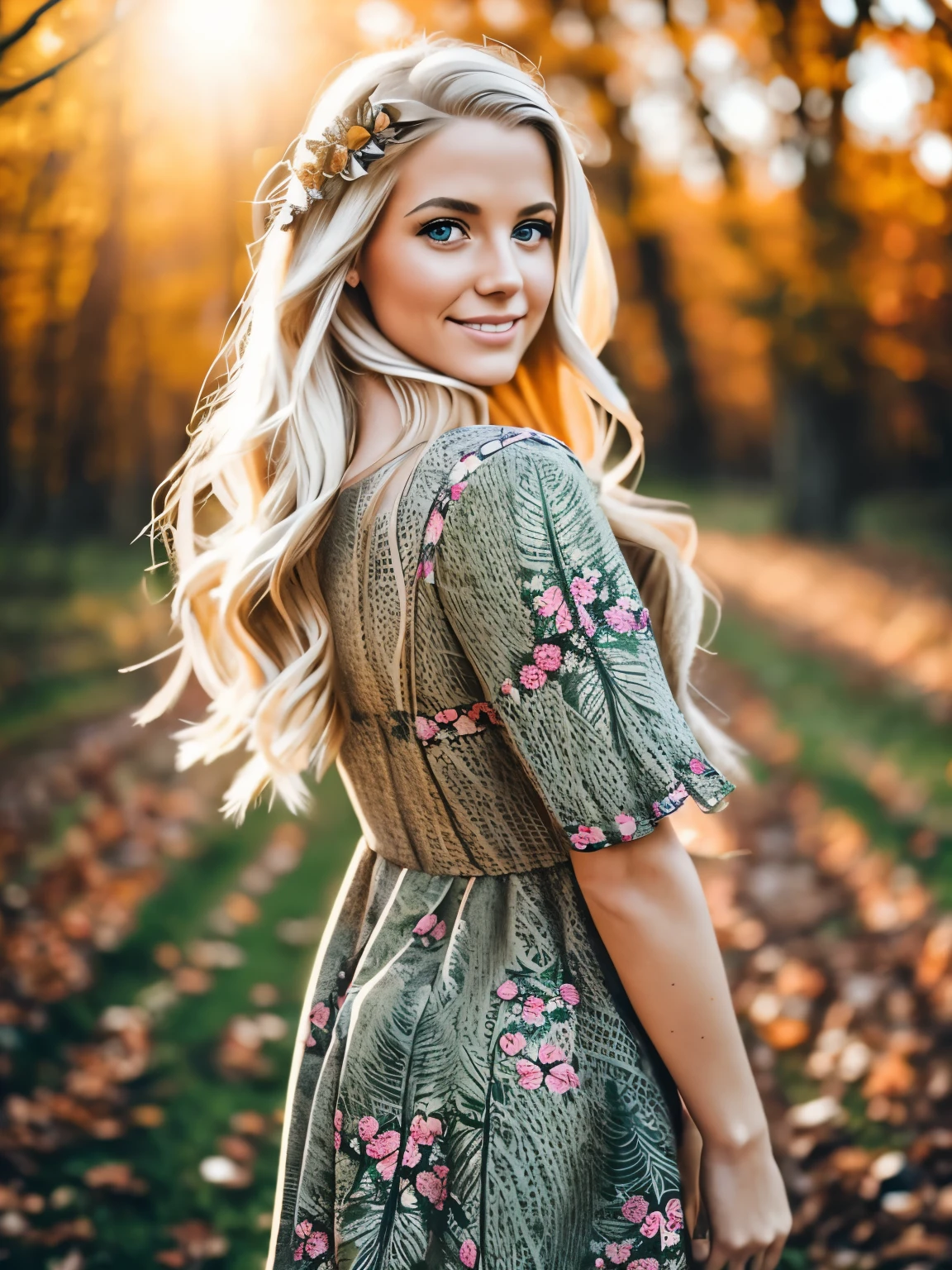 Candid shot of a pretty blonde activist, who is wearing a dress made of leaves, in the midst of a winter landscape realistic, full body portrait, natural light, wide angle, hard lighting, fluttering leaves, detailed and textured skin, determined look on her face, flowers in her hair, photo realistic, 4k, ideal for Instagram photography.