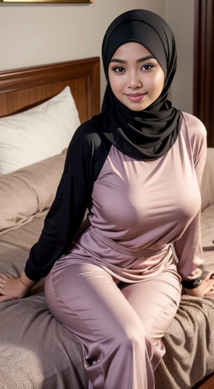 RAW, Best quality, high resolution, masterpiece: 1.3), beautiful Malay woman in hijab (iu:0.8),Best quality, high resolution, Masterpiece: 1.3, Beautiful  hijabi malay girl, Masterpiece, Soft smile, Realistic, 1girl, charming eyes, glowing eyes, cut top, dress, parted lips, blush, night, sun, sun, big breasted girl, fashion outfit, sexy feminine,wear kebaya pink long neck,  sitting in bedroom,  pullover, long pants, high heels, highres,4k,HDR,1girl, photorealistic, realistic,sweat skin, wet clothes, wet body, big breast, ((full body))soaked, full body picture(from head to feet), dripping, smiling at viewer, closeup