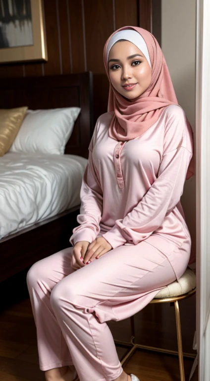 RAW, Best quality, high resolution, masterpiece: 1.3), beautiful Malay woman in hijab (iu:0.8),Best quality, high resolution, Masterpiece: 1.3, Beautiful  hijabi malay girl, Masterpiece, Soft smile, Realistic, 1girl, charming eyes, glowing eyes, cut top, dress, parted lips, blush, night, sun, sun, big breasted girl, fashion outfit, sexy feminine,wear kebaya pink long neck,  sitting in bedroom,  pullover, long pants, high heels, highres,4k,HDR,1girl, photorealistic, realistic,sweat skin, wet clothes, wet body, big breast, ((full body))soaked, full body picture(from head to feet), dripping, smiling at viewer, closeup