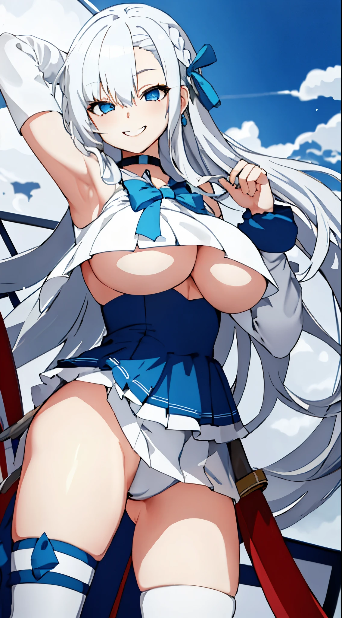 serafuku,small breasts,underboob cutout,white hair,blue eyes ,smile，long hair