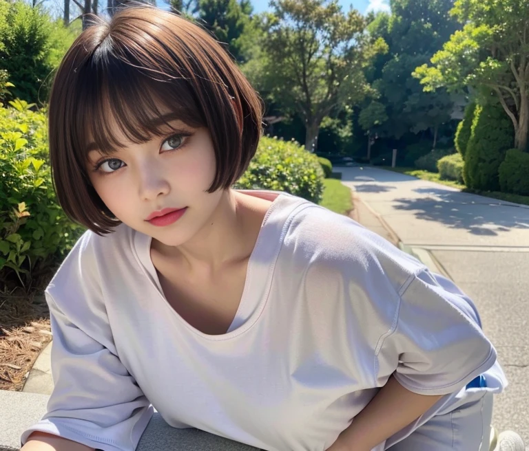 ((top-quality)),(masterpiece:1.4),Raw photography,8K,((Top image quality)), ((hight resolution))、Beautiful face in every detail,Realistic human skin,Gentle expression,(One lady:1.3 ),realisitic,(rather short hair:1.4),(Beautuful Women:1.3),(She looks like a cute Japanese girl)),(mannish),((Pretty Woman)),(Beautiful hair),((dark brown hair)),(((Red cheeks))),(Her eyes are big:1.3),20-year-old beauty,(her face small:1.3 ),small head,((long neck)),pale skin,Spot-free skin,With bangs,Everyone longs for,japanese beautiful woman,((eight heads high)),(T-shirt),smil,(Oversized clothes:1.3),Squatting,leaning forward, solo, in the forest
