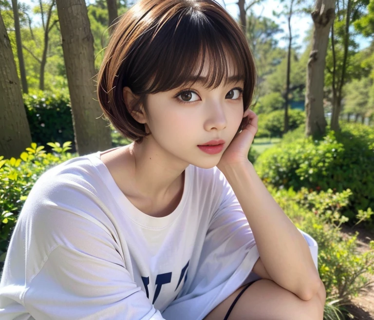 ((top-quality)),(masterpiece:1.4),Raw photography,8K,((Top image quality)), ((hight resolution))、Beautiful face in every detail,Realistic human skin,Gentle expression,(One lady:1.3 ),realisitic,(rather short hair:1.4),(Beautuful Women:1.3),(She looks like a cute Japanese girl)),(mannish),((Pretty Woman)),(Beautiful hair),((dark brown hair)),(((Red cheeks))),(Her eyes are big:1.3),20-year-old beauty,(her face small:1.3 ),small head,((long neck)),pale skin,Spot-free skin,With bangs,Everyone longs for,japanese beautiful woman,((eight heads high)),(T-shirt),smil,(Oversized clothes:1.3),Squatting,leaning forward, solo, in the forest