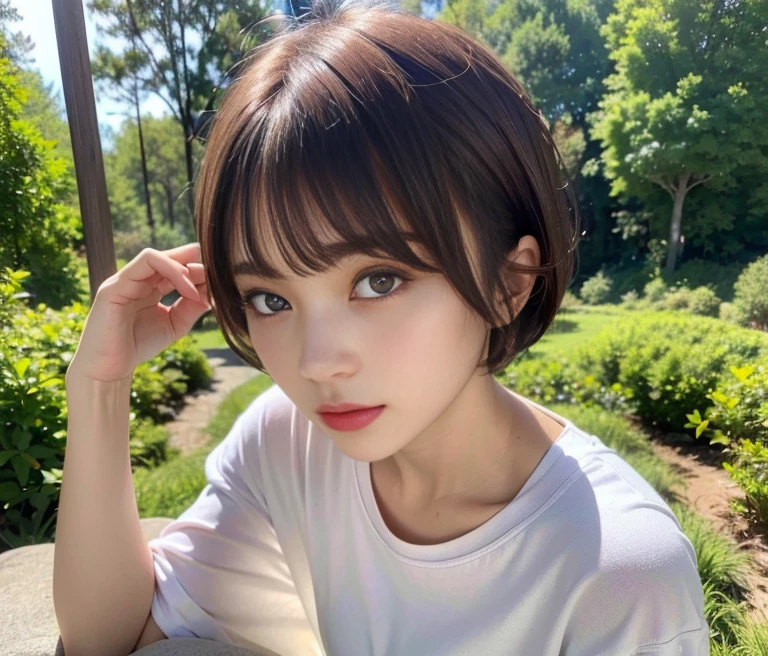 ((top-quality)),(masterpiece:1.4),Raw photography,8K,((Top image quality)), ((hight resolution))、Beautiful face in every detail,Realistic human skin,Gentle expression,(One lady:1.3 ),realisitic,(rather short hair:1.4),(Beautuful Women:1.3),(She looks like a cute Japanese girl)),(mannish),((Pretty Woman)),(Beautiful hair),((dark brown hair)),(((Red cheeks))),(Her eyes are big:1.3),20-year-old beauty,(her face small:1.3 ),small head,((long neck)),pale skin,Spot-free skin,With bangs,Everyone longs for,japanese beautiful woman,((eight heads high)),(T-shirt),smil,(Oversized clothes:1.3),Squatting,leaning forward, solo, in the forest
