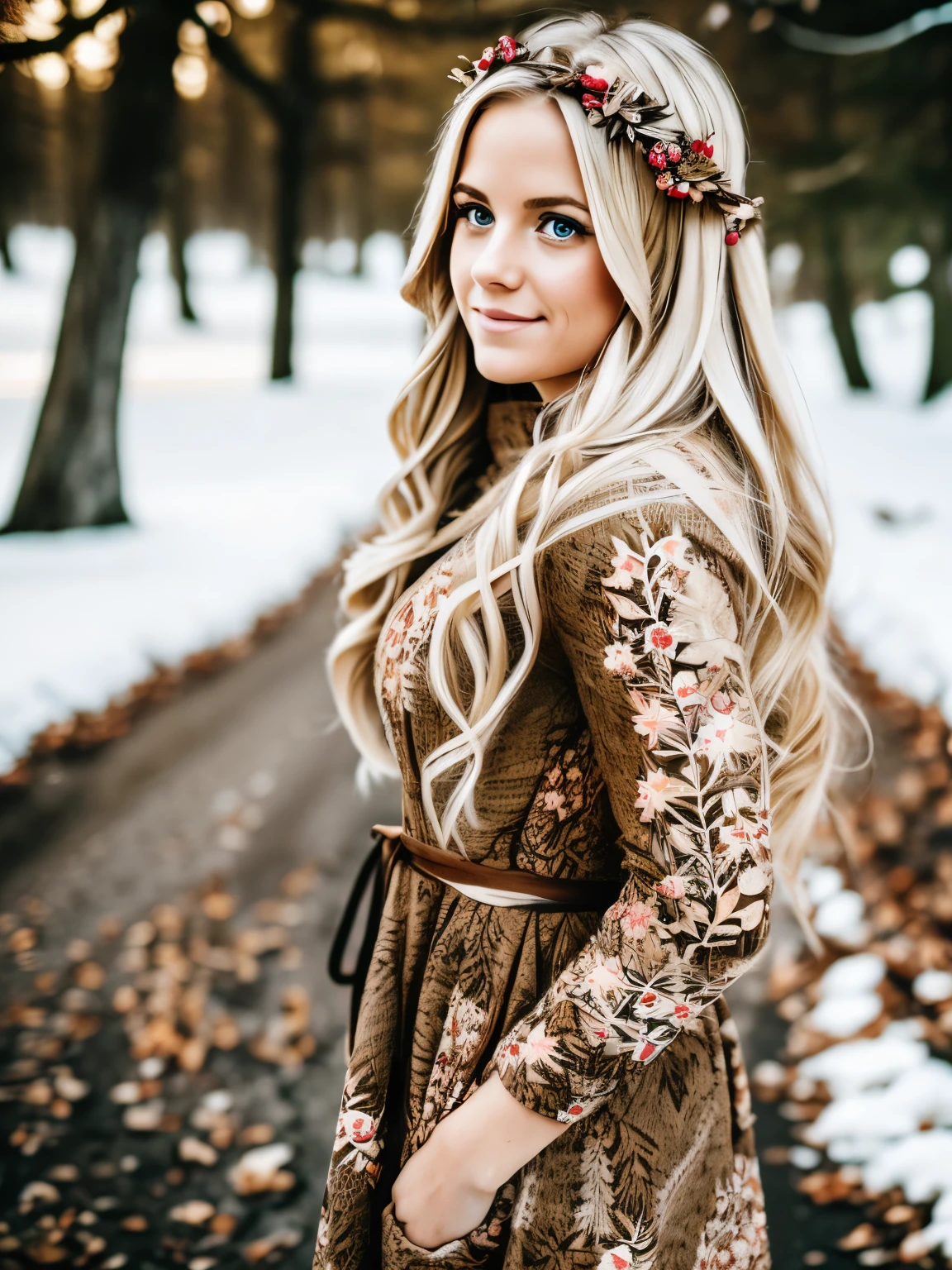 Candid shot of a pretty blonde activist, who is wearing a dress made of leaves, in the midst of a winter landscape realistic, full body portrait, natural light, wide angle, hard lighting, fluttering leaves, detailed and textured skin, determined look on her face, flowers in her hair, photo realistic, 4k, ideal for Instagram photography.