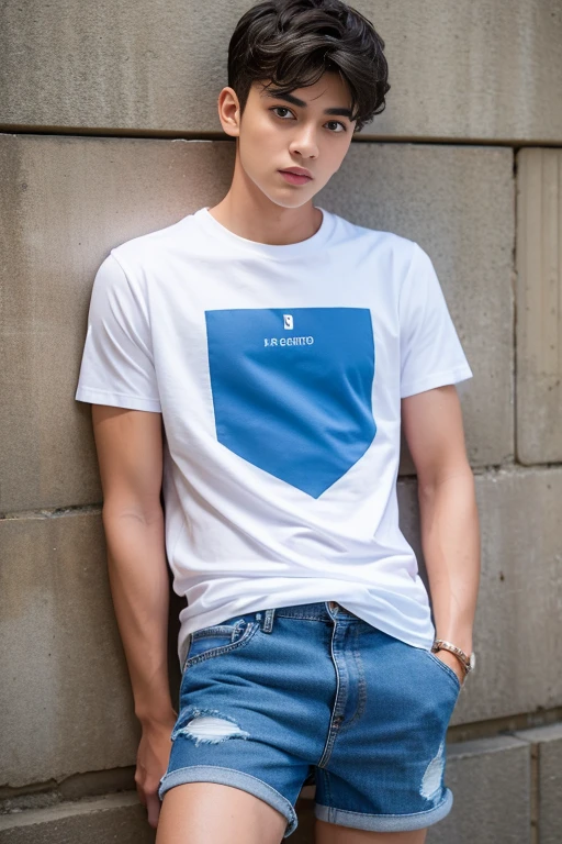 arafed man in white shirt and blue shorts leaning against a wall, young man with short, short jeans, short size, short pants, wearing denim short shorts, denim short pants, cotton, modern casual clothing, thin young male, wearing shorts and t shirt, casual modern clothing, navy blue shorts, denim shorts, jean shorts, short shorts, male model