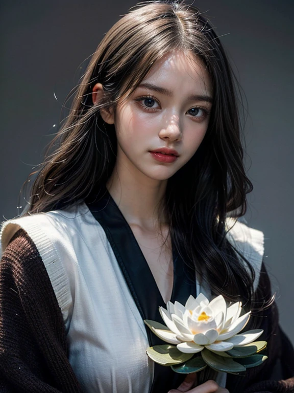 be familiar with eyes, be familiar with eye, be familiar with face, UHD, retina, Accurate, anatomically correct, rough skin, Super detailed, Awards, High resolution, best aesthetics, 超High resolution, clear, ultra be familiar with, 最high quality, high quality, 超high quality, 16k, advanced details, High resolution, be familiar with, masterpiece, beautiful, be familiar with skin, whole body, （1 boy）, gray hair, wavy long hair, blue eyes, white lotus, white lotus robe, （beautiful boy with wavy long  holding a white lotus flower）