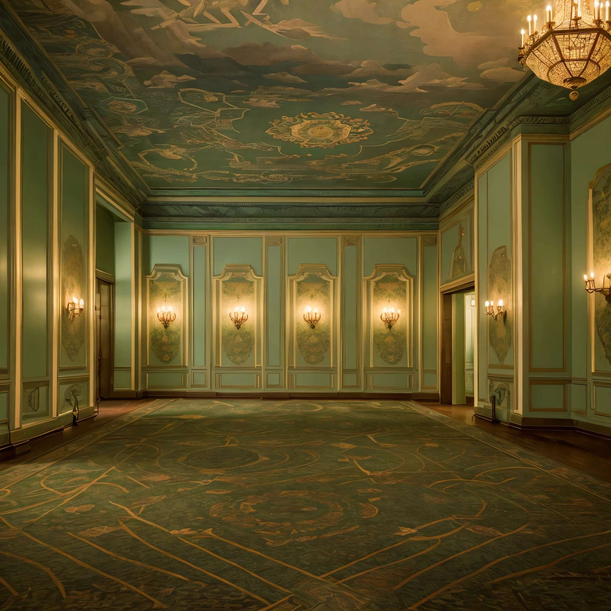 Horizontal perspective of a 1910s London aristocratic ballroom with gray-green patterned wallpaper and exquisite murals hanging on the walls. The lights in the room are gorgeous at night.