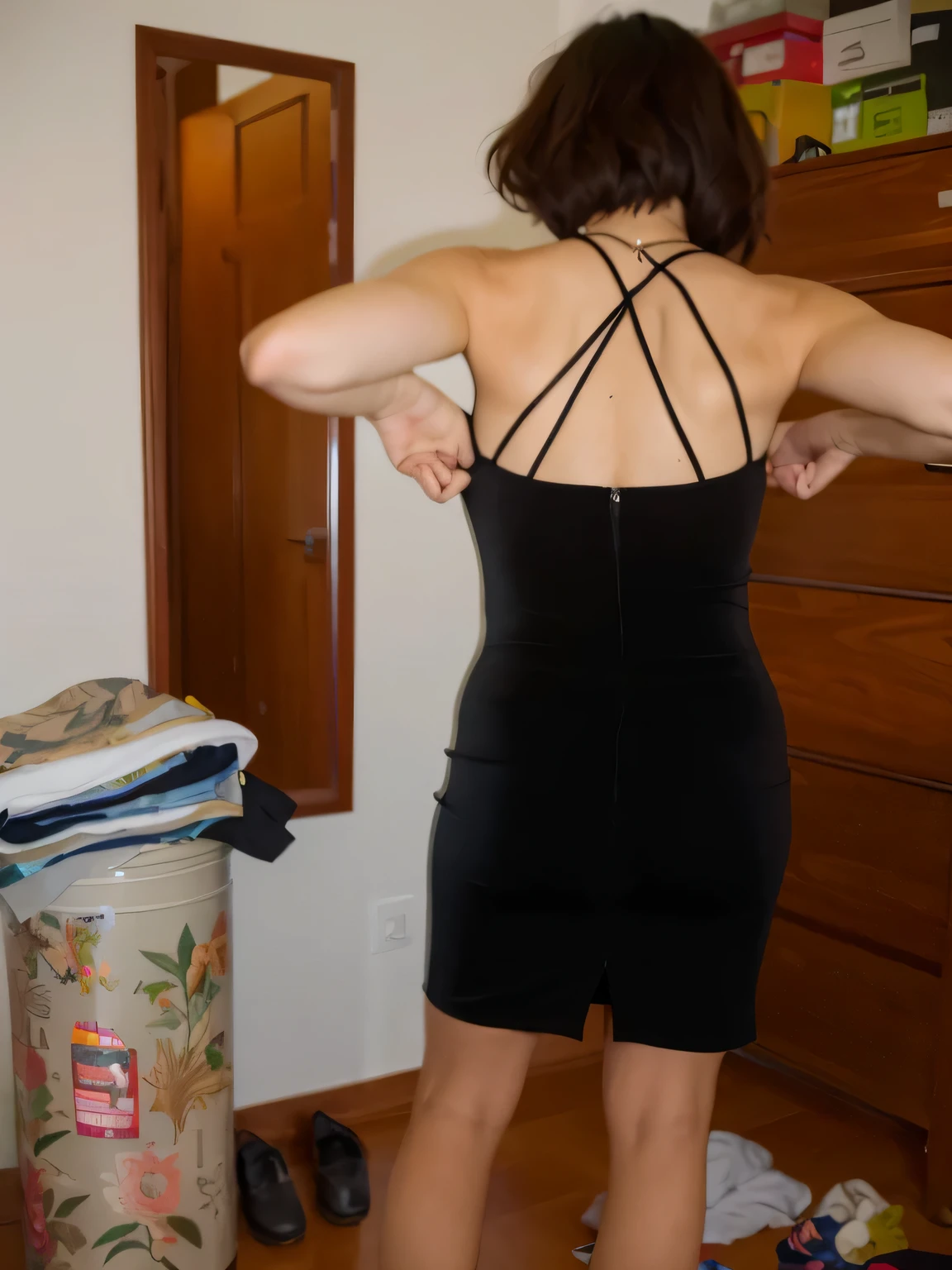 there is a woman in a black dress standing in a room, vista traseira, vista traseira, vestido aberto, photo taken from behind, seen from back, vista traseira, de volta - tiro, vista traseira!!, vestido de veludo preto, tiro pelas costas, vista traseira, vista traseira also, tiro de volta, tiro traseiro, usando vestido preto, tiro traseiro