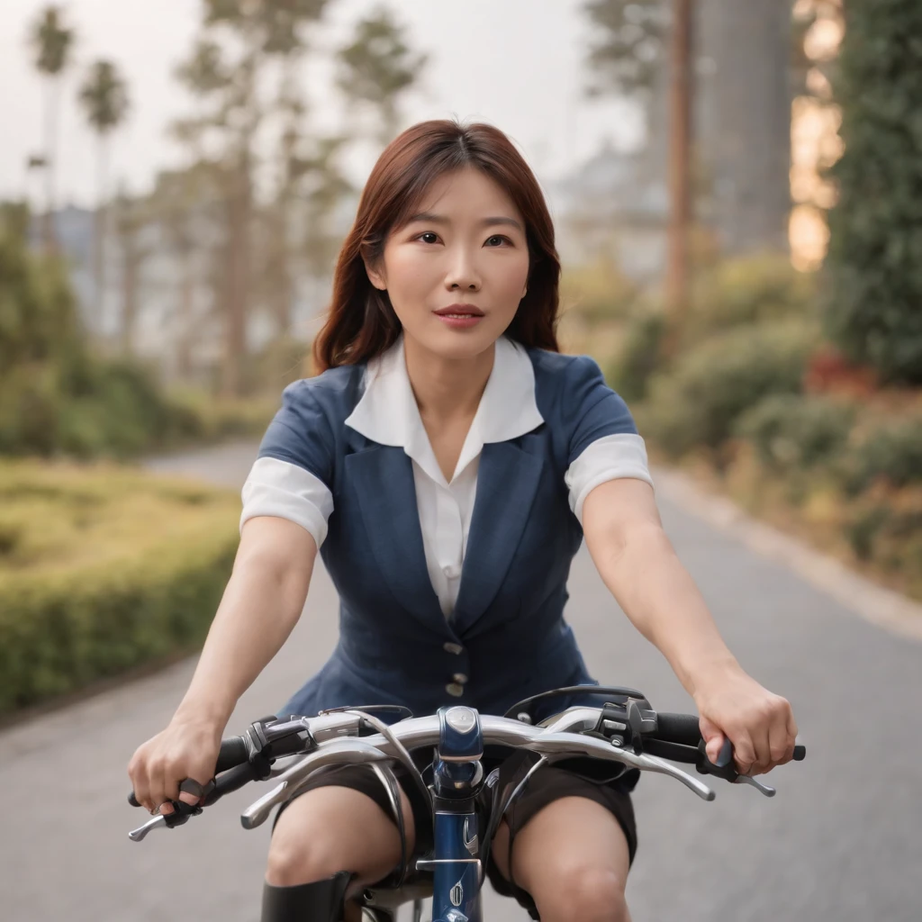 Pretty Japanese middle-aged girl riding a sexy Disney bike