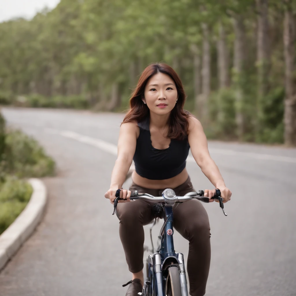 Pretty Japanese middle-aged girl riding a sexy Disney bike