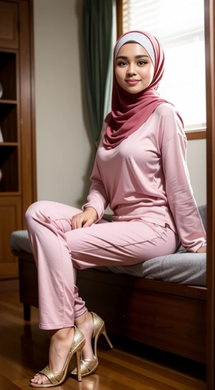 RAW, Best quality, high resolution, masterpiece: 1.3), beautiful Malay woman in hijab (iu:0.8),Best quality, high resolution, Masterpiece: 1.3, Beautiful hijabi malay girl, Masterpiece, Soft smile, Realistic, 1girl, charming eyes, glowing eyes, cut top, dress, parted lips, blush, night, sun, sun, big breasted girl, fashion outfit, sexy feminine,wear kebaya pink long neck, sitting in bedroom, pullover, long pants, high heels, highres,4k,HDR,1girl, photorealistic, realistic,sweat skin, wet clothes, wet body, big breast, ((full body))soaked, full body picture(from head to feet), dripping, smiling at viewer,