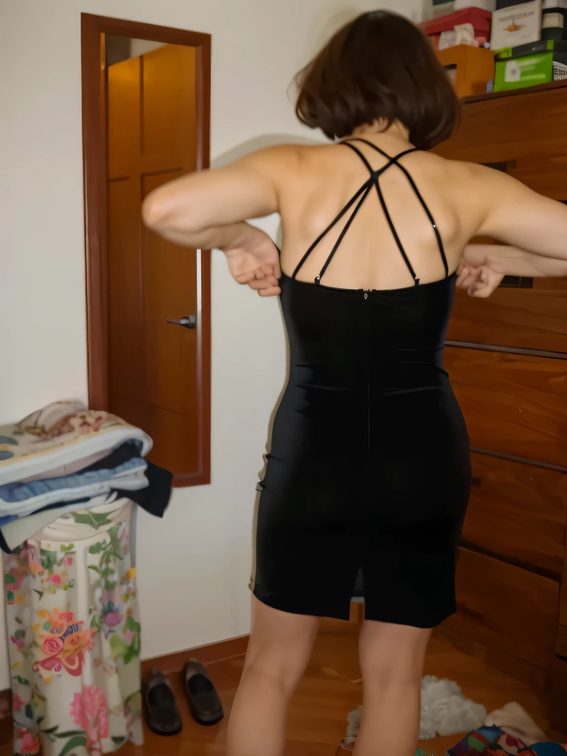 there is a woman in a black dress standing in a room, vista traseira, vista traseira, vestido aberto, photo taken from behind, seen from back, vista traseira, de volta - tiro, vista traseira!!, vestido de veludo preto, tiro pelas costas, vista traseira, vista traseira also, tiro de volta, tiro traseiro, usando vestido preto, tiro traseiro