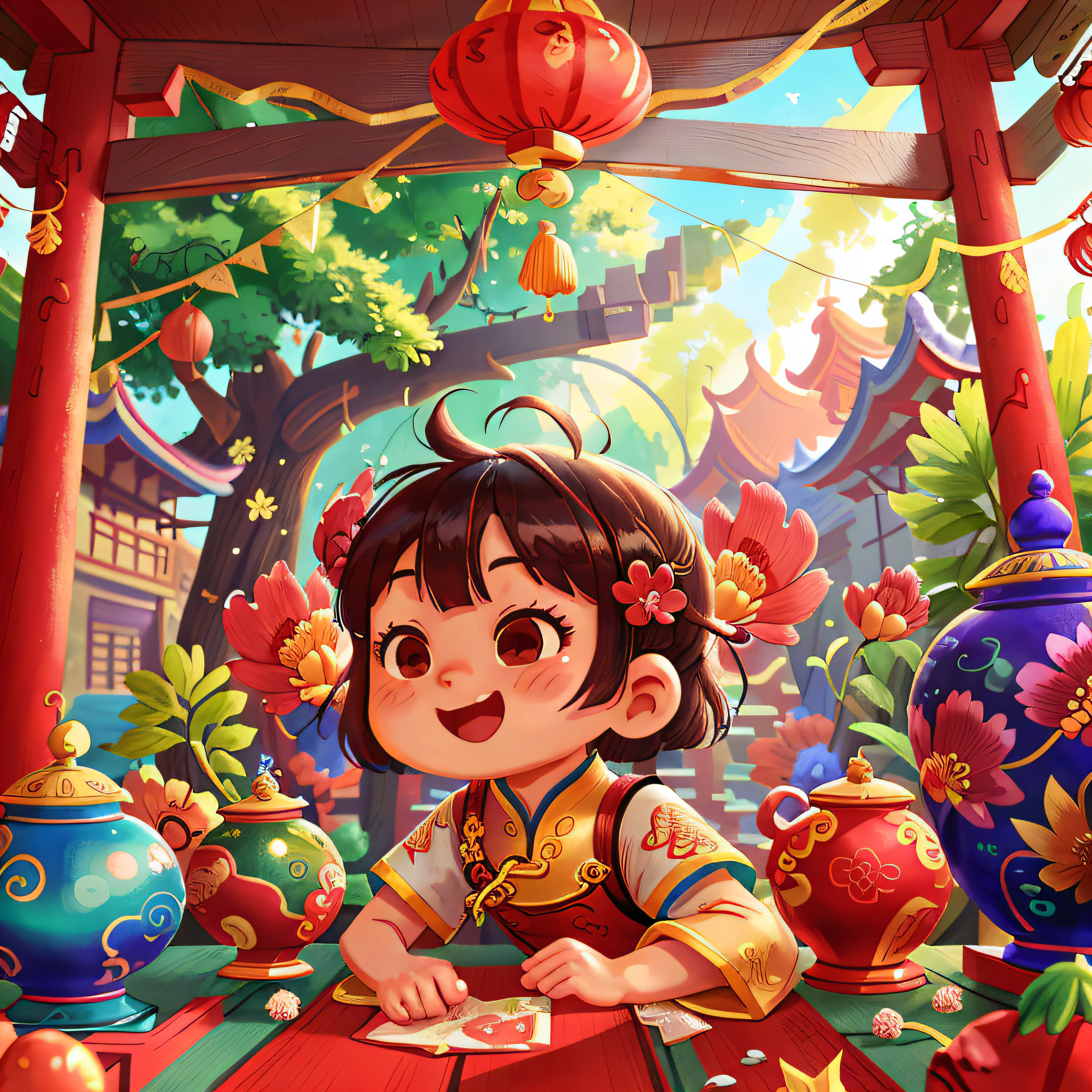 The background is a Chinese temple、Mix medicines、、perfectquality、Clear focus (Clutter-Home:0.8)、(​masterpiece:1.2) (realisitic:1.2) (bokeh dof) (top-quality) (detailed skins:1.3) (intricate-detail) (8K) (Eye of Detail) (foco nítido), (Happiness)