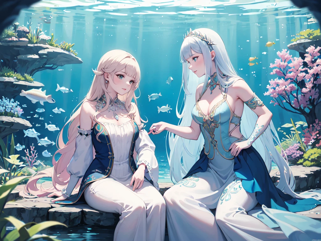 dragon girl, with light blue scaly skin and blue aquatic dragon tail, blue eyes, with long white hair and light blue dress. underwater