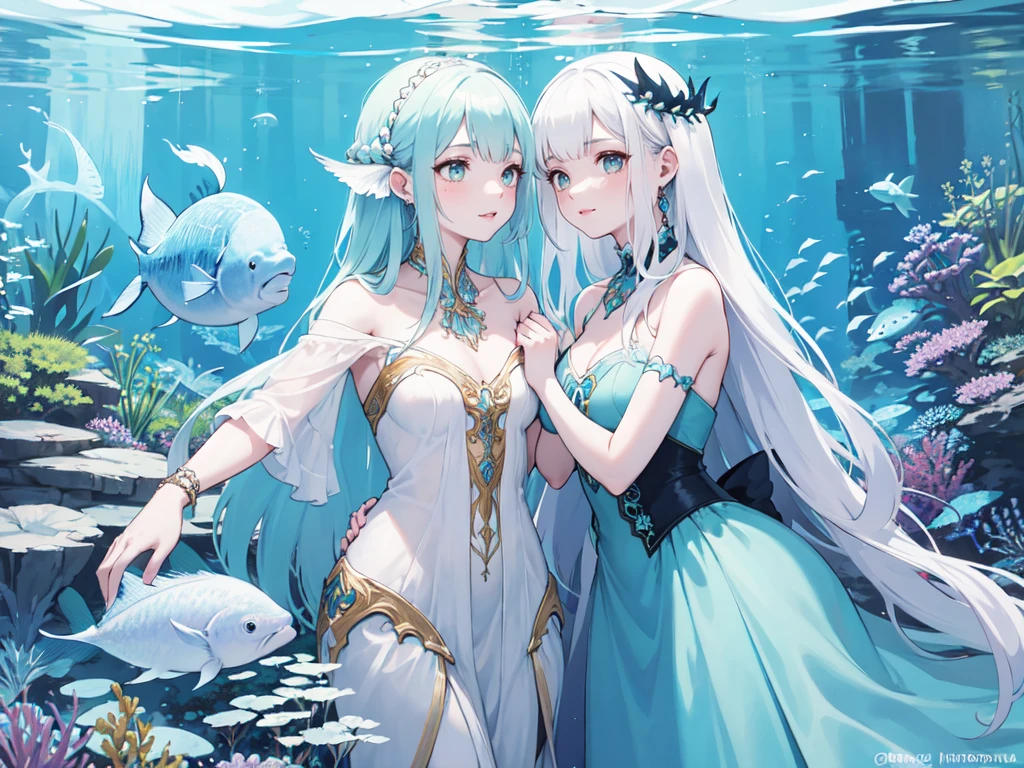 Two more dark blue and light blue hair mermaids sat in the deep ocean A mermaid