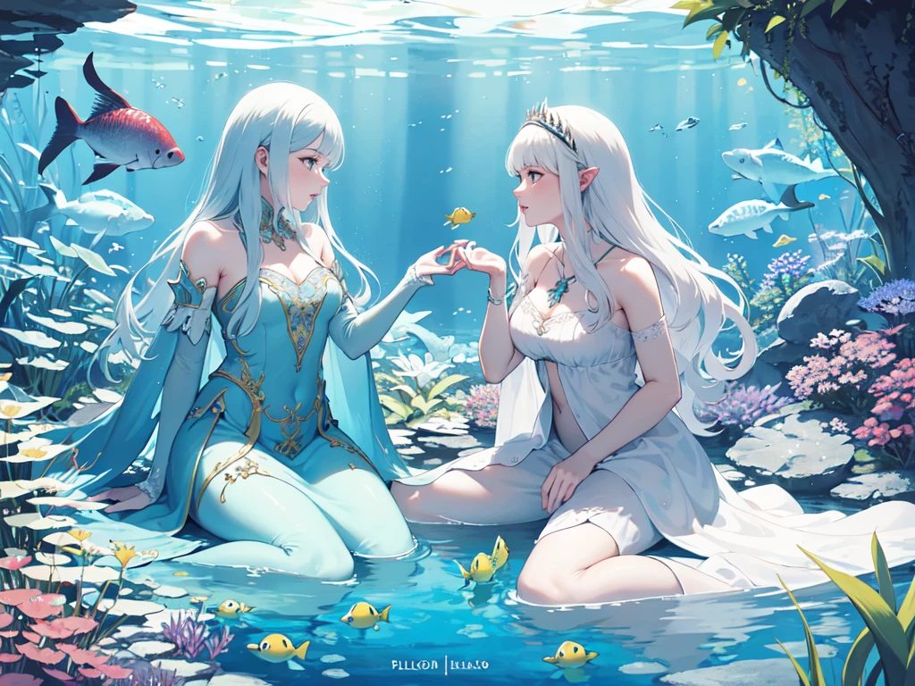 adhesivo, fondo sencillo, retrato, 2 chicas, pareja, besar, chica con pelo largo, hermosa chica acuario, aquarium aesthetic, hermosa chica, very beautiful fantasy art, hermosa y elegante mujer acuario, beautiful detailed fantasy, paladar de color aguamarina y blanco, tema-color-aguamarina