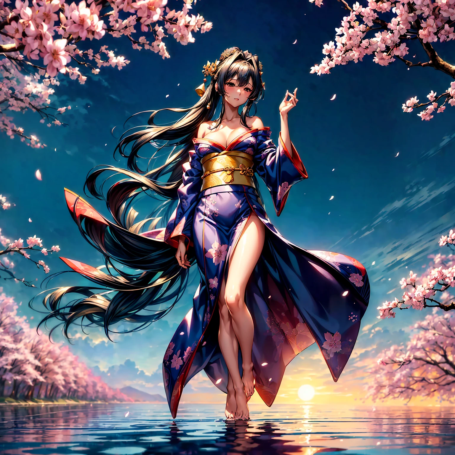 (((highest quality、masterpiece、8K quality,very high resolution)))、((A woman of perfect and ultimate beauty:18-year-old:Yamato Nadeshiko))、(beautiful face:smile、beautiful hair:Japanese hair decoration、beautiful body:Slender and beautiful breasts)、(best skin and hair texture)、(Beautiful Japan kimono:Japanese patterns and colors:Kimono sleeves and obi are long,Exposed shoulders from kimono,I can see the cleavage,I can see my thighs,whole body,Hair flutters under the influence of the wind,The sleeves and obi of the kimono flap in the wind.),(Mysterious waterfront:Beautiful cherry blossoms and waterfalls,Fantastic night sky and beautiful full moon,beautiful scenery,beautiful scenery,Beautiful colors)、bijinga,(beautiful pose,various camera angles、model shoot),Overall image、accurate ???????:1.2、accurate image:1.2、highly detailed images、perfect image、Image without defects、natural soft light、beautiful images、(best shot:1.2,RAW photo:1.2)