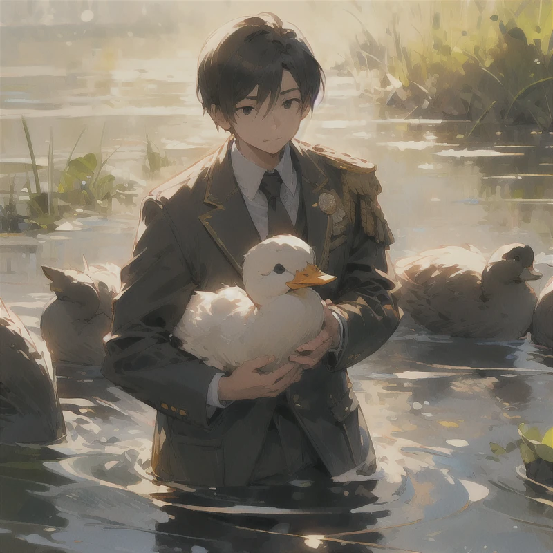 Create an image of a man with a somewhat Asian appearance, sporting neatly styled black hair of medium length, wearing a suit with a headset around his neck. He should have a gentle smile and be holding a white, well-groomed duck under his arm as if it were his best friend. The duck should be wearing a soldier's helmet, which is too large for its head, appearing loose and crooked.