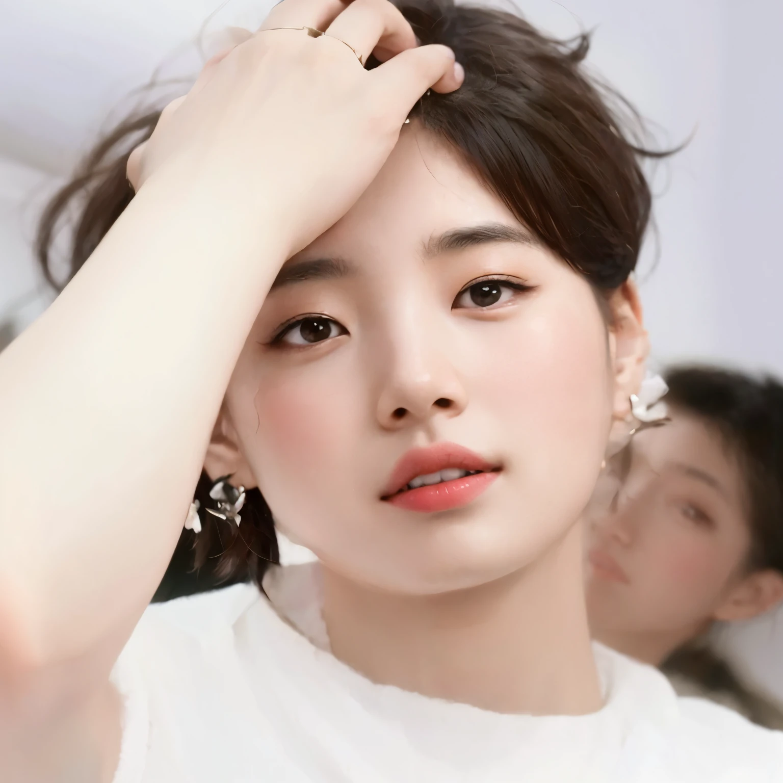 Araffe Asian woman with short hair and earrings holding her head., jungkook, cai xukun, pale korean adorable face, realism artistic style, fanart de alta calidad, inspirado en Bian Shoumin, fotorrealista!!!!!!! Estilo de Arte, inspirado en Kun Can, [ arte digital ]!!, imagen realista, kpop idol portrait, hyung tae, realistic art style