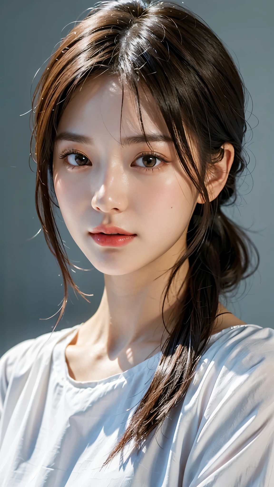 Close-up of a woman in a white shirt and ponytail, Realistic. Cheng Yi, beautiful Korean women, beautiful portrait image, gorgeous face portrait, Stunning anime face portrait, Korean girl, high quality portrait, beautiful delicate face, photorealistic beautiful face, Beautiful young Korean woman, Beautiful realistic face, cute delicate face, portrait cute-fine-face