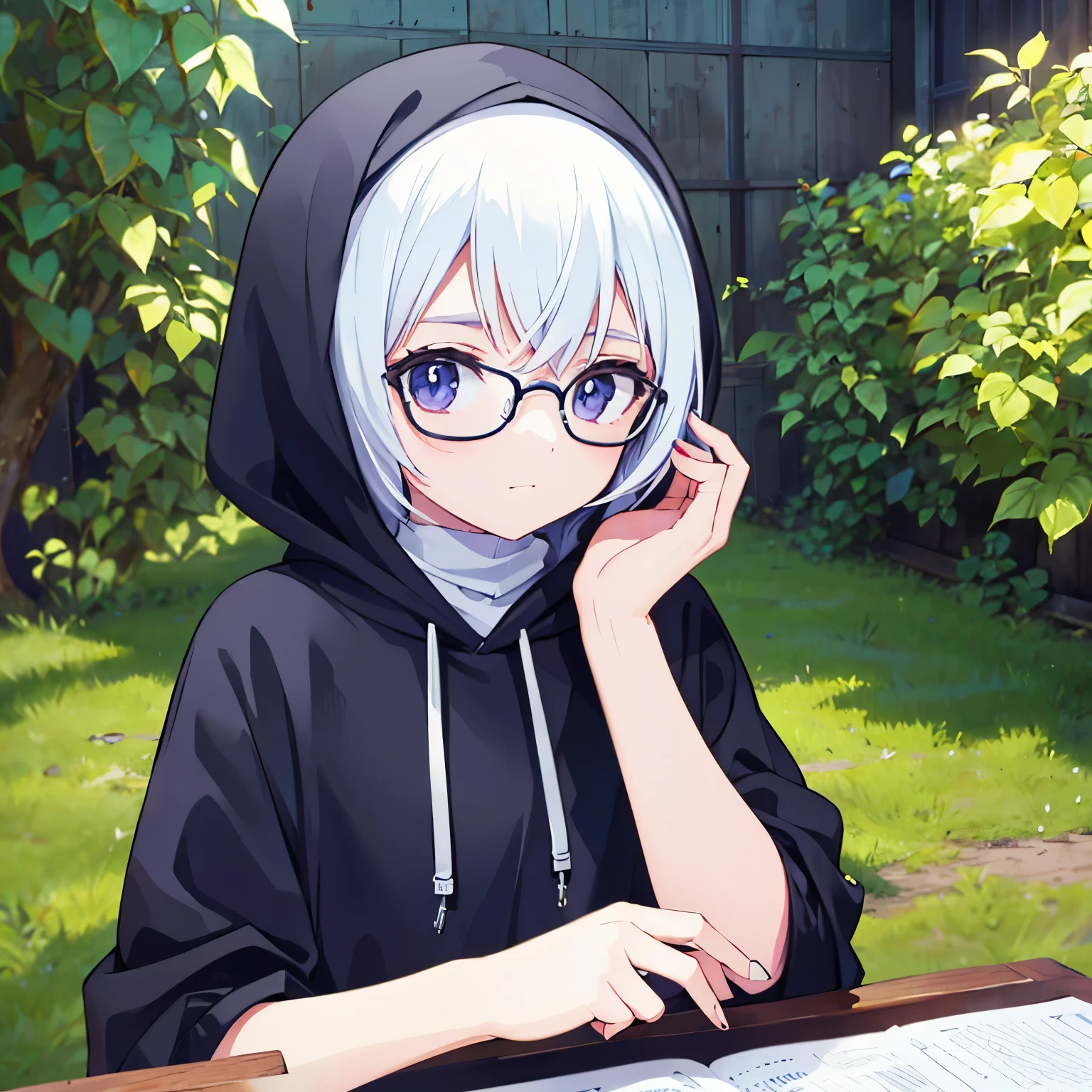 Hijab woman wearing glasses wearing a hoodie that says "Indah" 