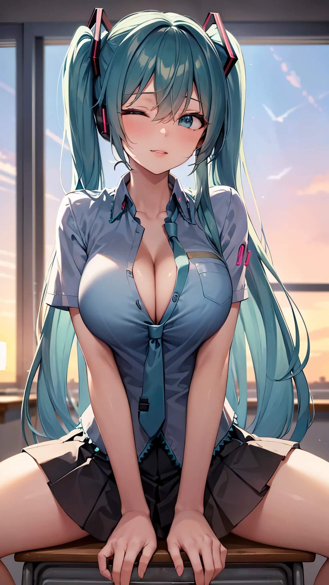 (Masterpiece,Super Detail,in 8K,best composition,rim lighting,photorealsitic,dynamic shot:1.5),view from below,solo,(Hatsune Miku,light blue twin tail:1.3),one eye closed,eye wink,beautiful detailed eye,looking at the camera,mischievous smile,shape of kissing lips,detailed shiny skin,big tits,(sitting on school desk,Spread legs apart,Place index finger vertically on lips,the other hand on tits:1.5),Blouse with exposed cleavage,gray and black check pattern skirt,cute bangles,dazzling sunset,Backlit,in school classroom,particles of light,secretly show