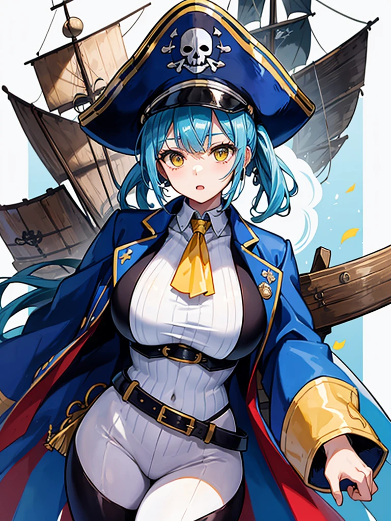 （（（masterpiece、Highest image quality、highest quality、highly detailed unity 8ｋwallpaper）））、（（Illustration of one girl、upper body））、（（（beautiful girl）））、（female pirate）、（Light light blue hair、short ponytail：1.2、yellow eyes）、（（tall））、（（（muscle girl, muscle, bulky figure, massive frame, thick neck, sturdy arms, powerful legs、solid chest）））、（captain&#39;s suit、Pirate hat、Blue coat、pants）、Pirate ship deck