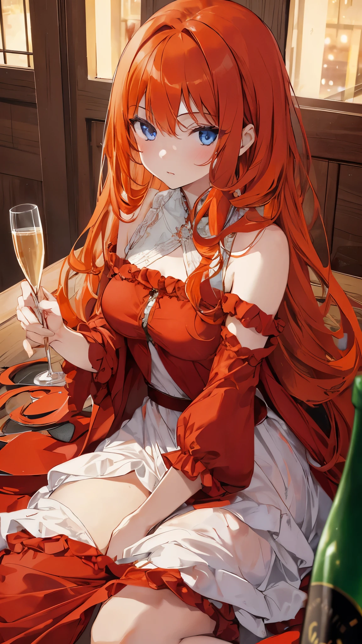 (masterpiece, highest quality), ((1 girl, alone, long hair)),innocent look, red_theme,party venue, night, see through dress, blue eyes,orange hair、Holding a glass of champagne