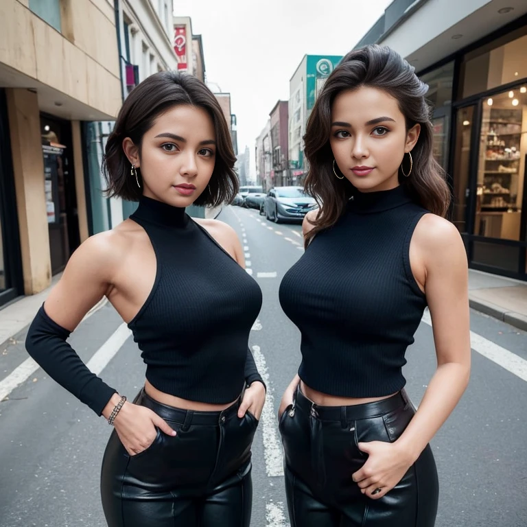 (masterpiece, highest quality), Beautiful woman, Detailed sleeveless turtleneck top, pants, necklace, wavy hair, perfect face, beautiful face, attractive, big and gorgeous eyes, open your mouth, Happy, perfect slim fit body, (outdoor), street, newyork, bright colors