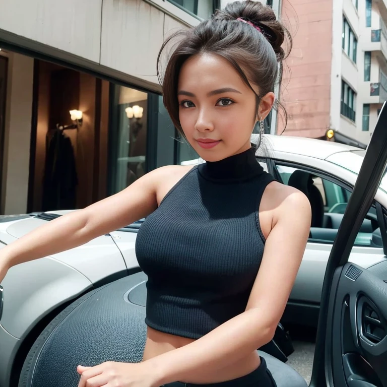 (masterpiece, highest quality), Beautiful woman, Detailed sleeveless turtleneck top, pants, necklace, wavy hair, perfect face, beautiful face, attractive, big and gorgeous eyes, open your mouth, Happy, perfect slim fit body, (outdoor), street, newyork, bright colors