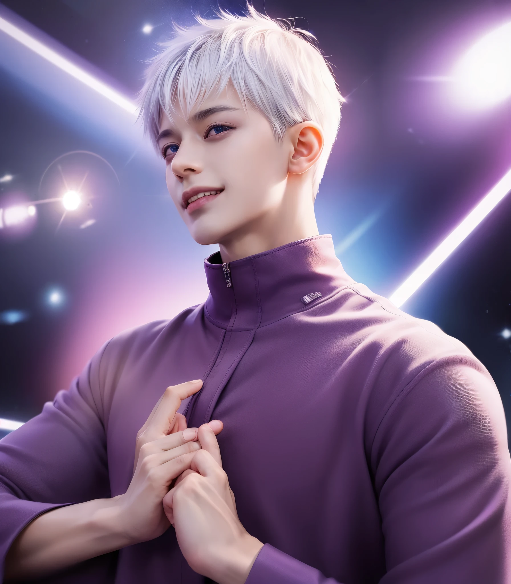 1 person, Gojo Satoru in the anime Jujutsu Kaisen, short hair , white hair, blue light eyes, Handsome, Smile, purple clothes, actual clothes, Detail clothes, city background, Ultra-detailed, actual