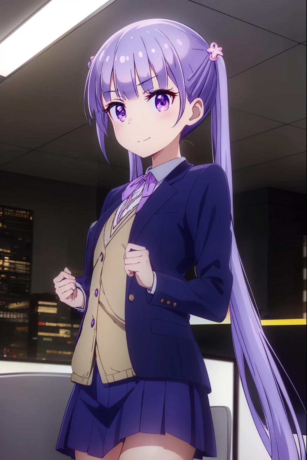 aobasuzukaze, aoba suzukaze, eyebrows, hair ornament, long hair, (purple eyes:1.1), purple hair, twintails, smile,
BREAK blue skirt, bow, bowtie, business suit, dress shirt, formal, neck ribbon, pink bow, pink bowtie, pink ribbon, ribbon, shirt, skirt, skirt suit, suit, white shirt,
BREAK indoors, office,
BREAK looking at viewer, (cowboy shot:1.5),
BREAK (masterpiece:1.2), best quality, high resolution, unity 8k wallpaper, (illustration:0.8), (beautiful detailed eyes:1.6), extremely detailed face, perfect lighting, extremely detailed CG, (perfect hands, perfect ???????),